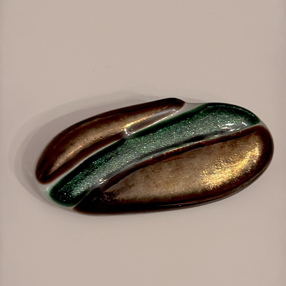 Beautiful Dichroic Fused Glass Brooch in Iridescent Bronze & Green